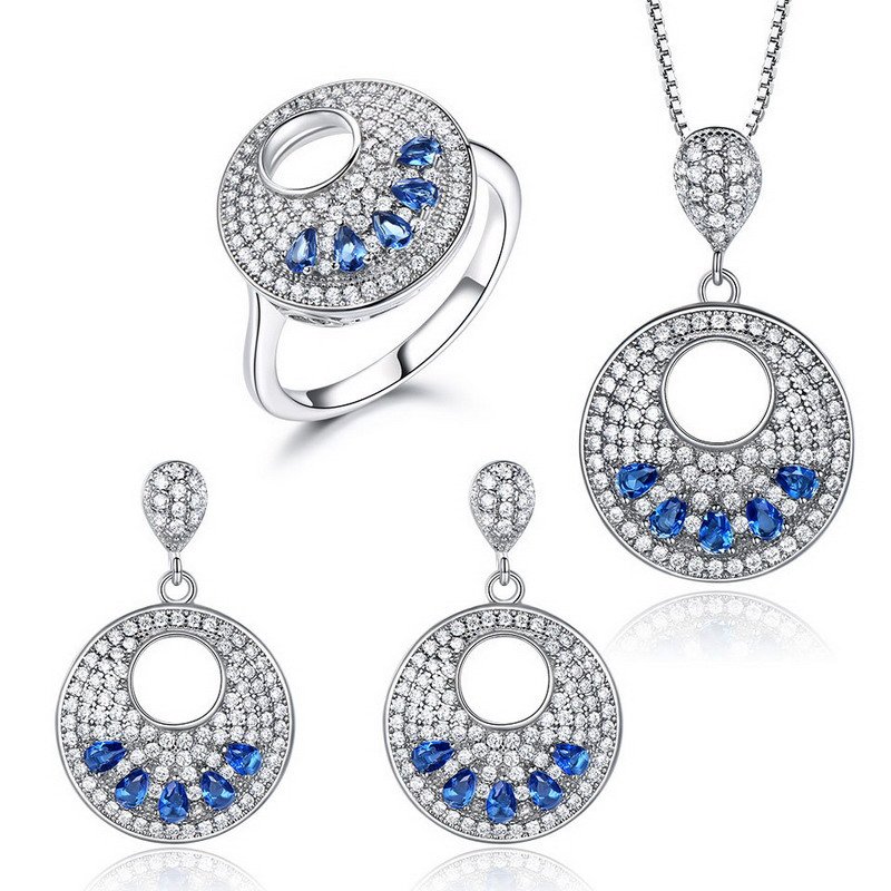 925 Sterling Silver Sapphire and White Diamond Pendant Earrings Ring Gift Set For Women