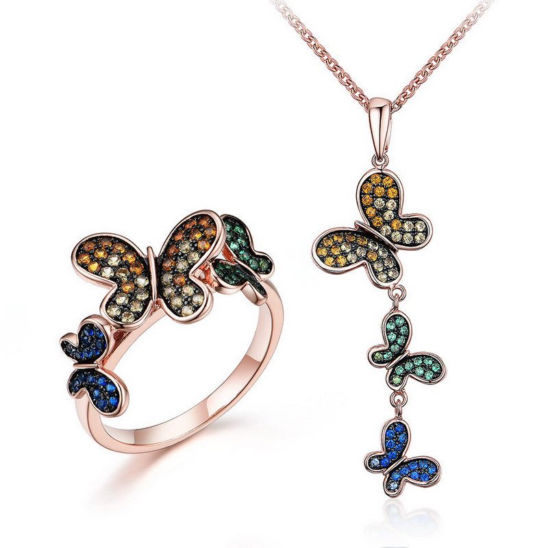 Silver 925 Butterfly Colorful CZ Pendant & Ring Gift Set