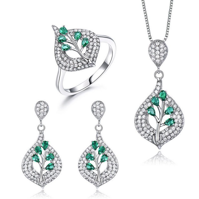 Silver 925 Emerald and White Diamond Pendant Earrings Ring