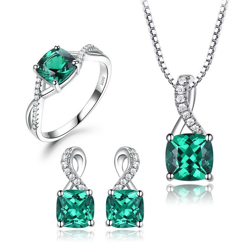 Silver 925 Emerald and White Diamond Pendant Earrings Ring