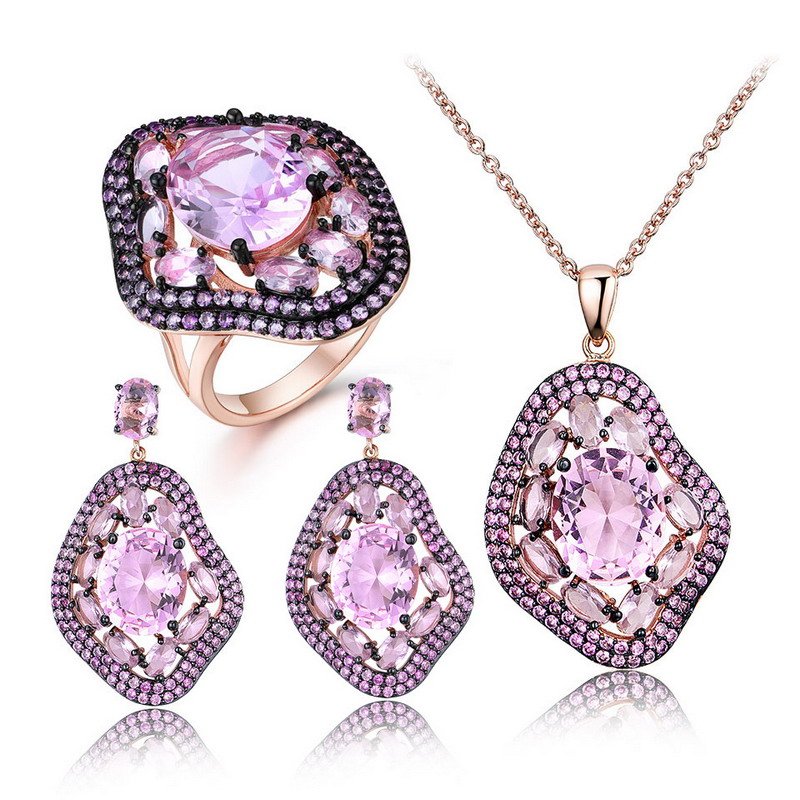 Silver 925 Pink CZ Pendant Earrings Ring