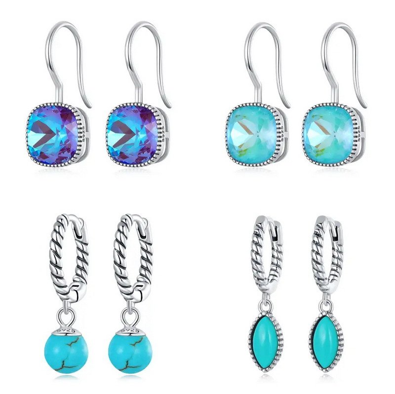 Jewelry 925 Sterling Silver Turquoise Stones Rhodium Plated Cubic Zirconia Women Earrings
