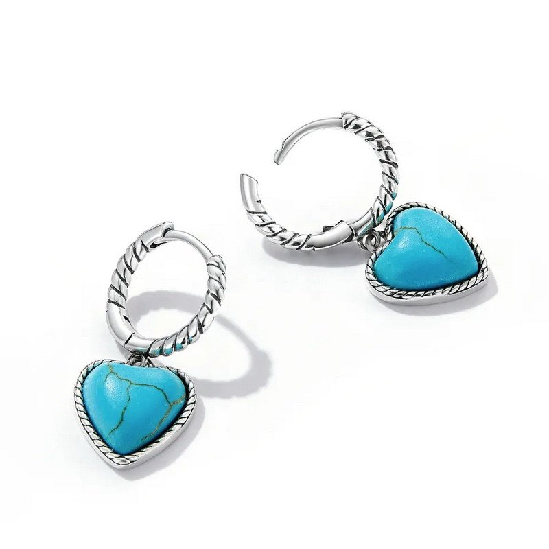 Jewelry 925 Sterling Silver Heart Turquoise Stones Rhodium Plated Hoop Earring - Image 3
