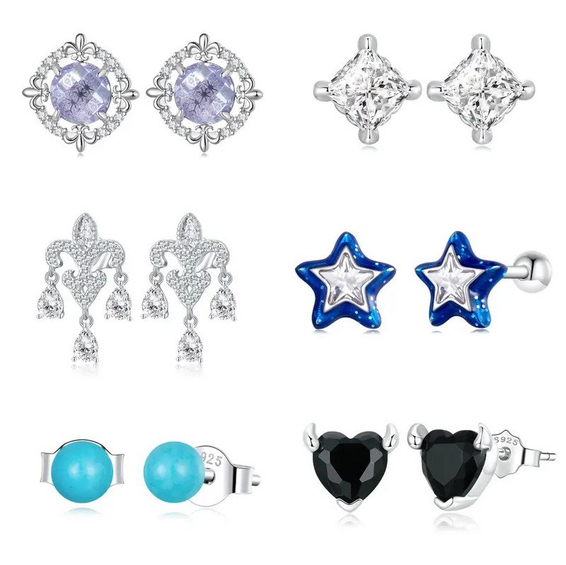Cubic Zircon Stones 925 Sterling Silver Jewelry Rhodium Plated Stud Earrings