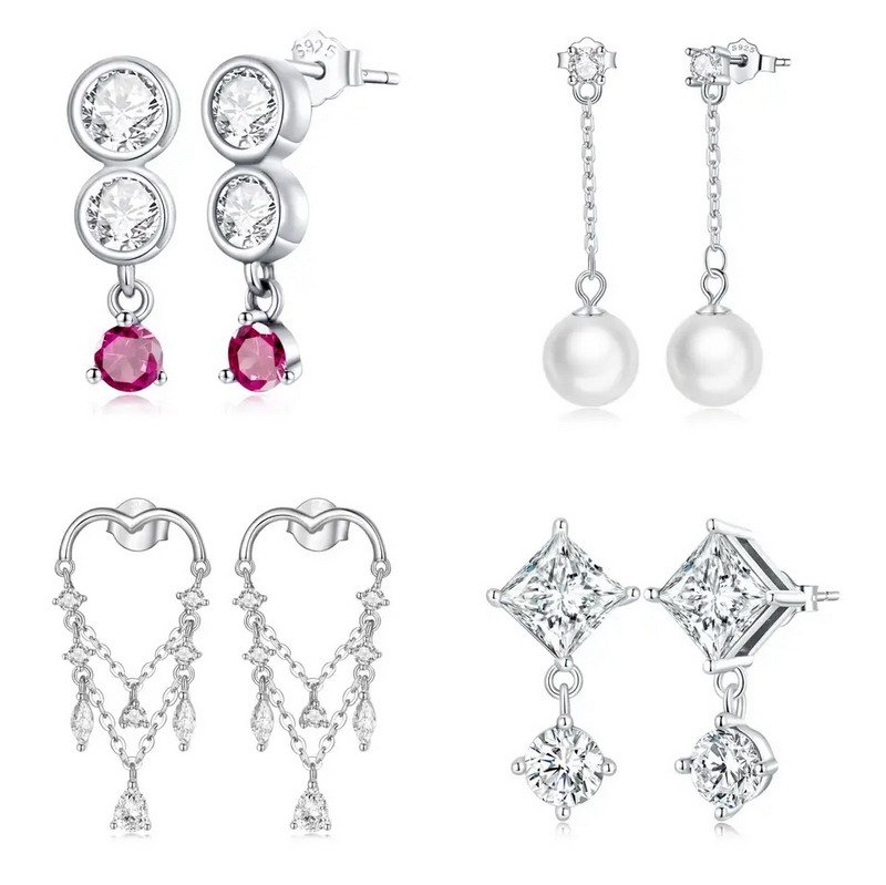 Cubic Zircon Stones Pearls 925 Sterling Silver Jewelry Rhodium Plated Stud Earrings