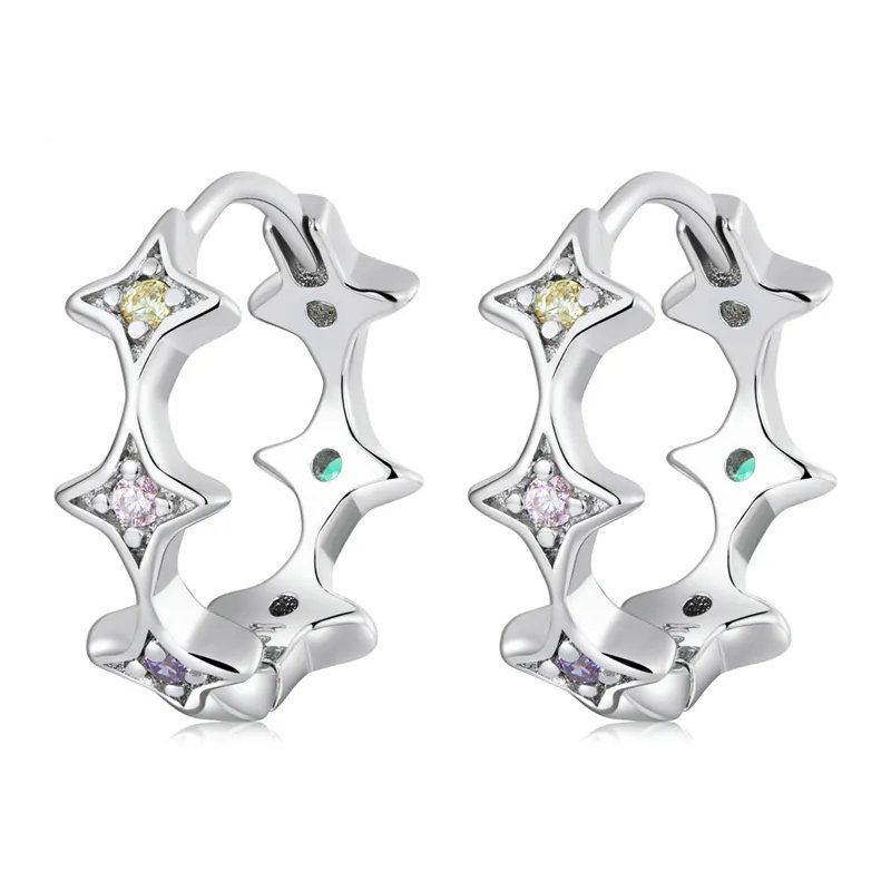 Stars Multi Colors CZ Stones Sterling Silver Hoop Earrings Rhodium Plated