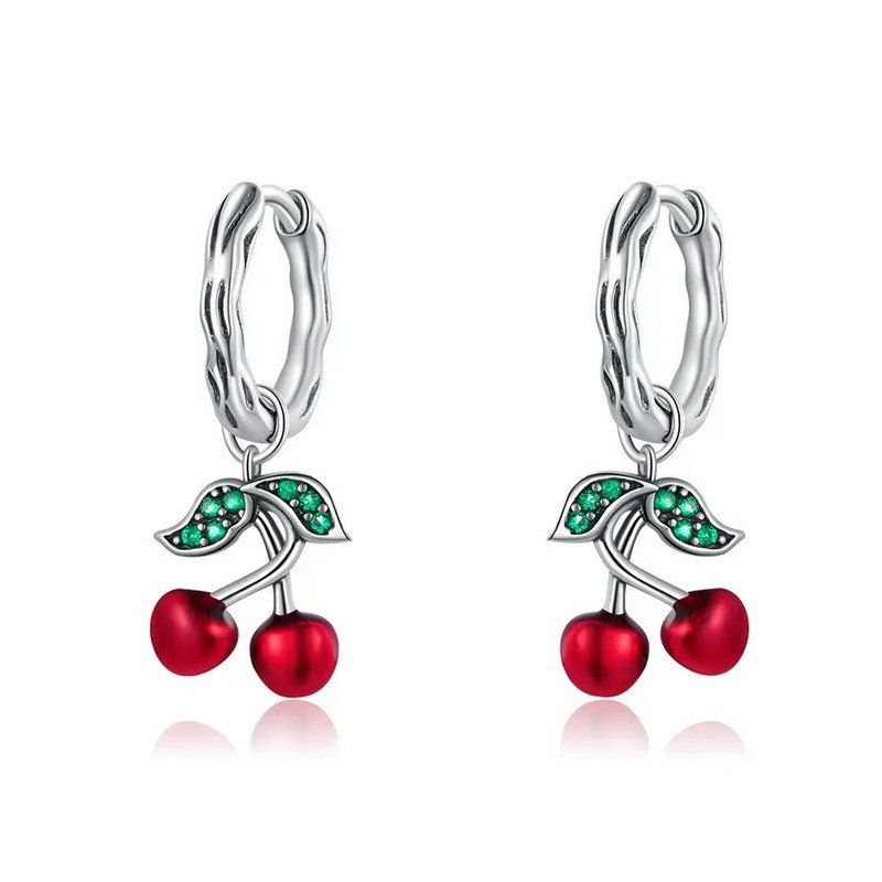 Lovely Cherry drop 925 Silver CZ stones Hoop Earring Rhodium Plated Red Enamel