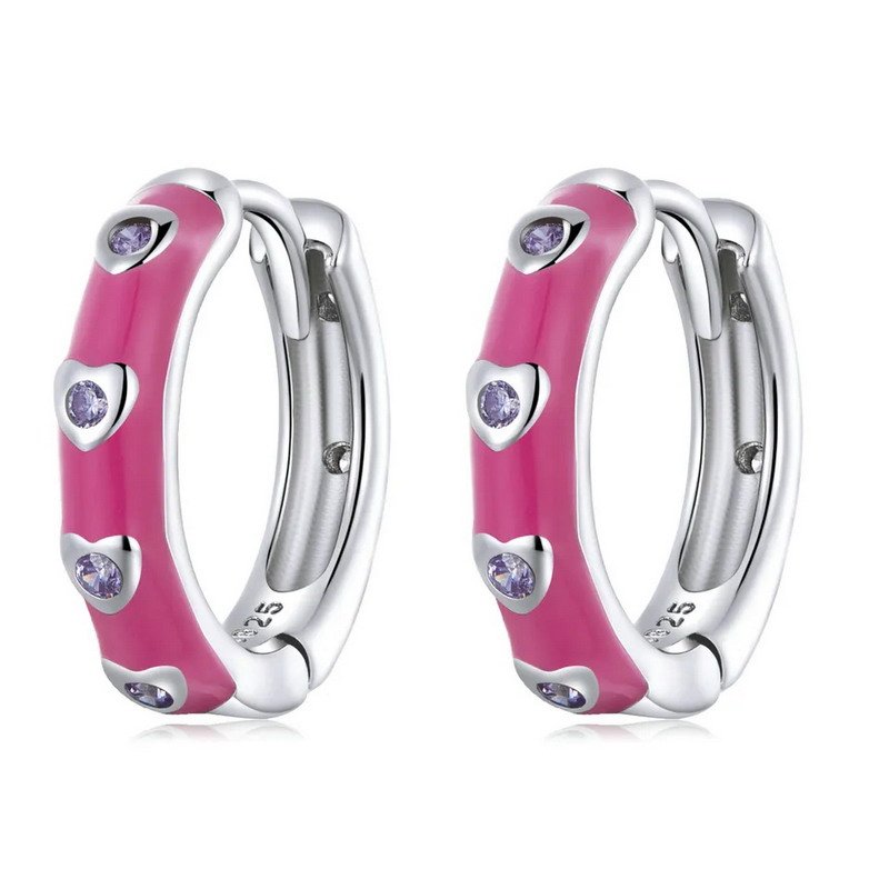 Heart Cubic Zircon Stones And Enamel 925 Sterling Silver Jewelry Rhodium Plated Hoop Earrings