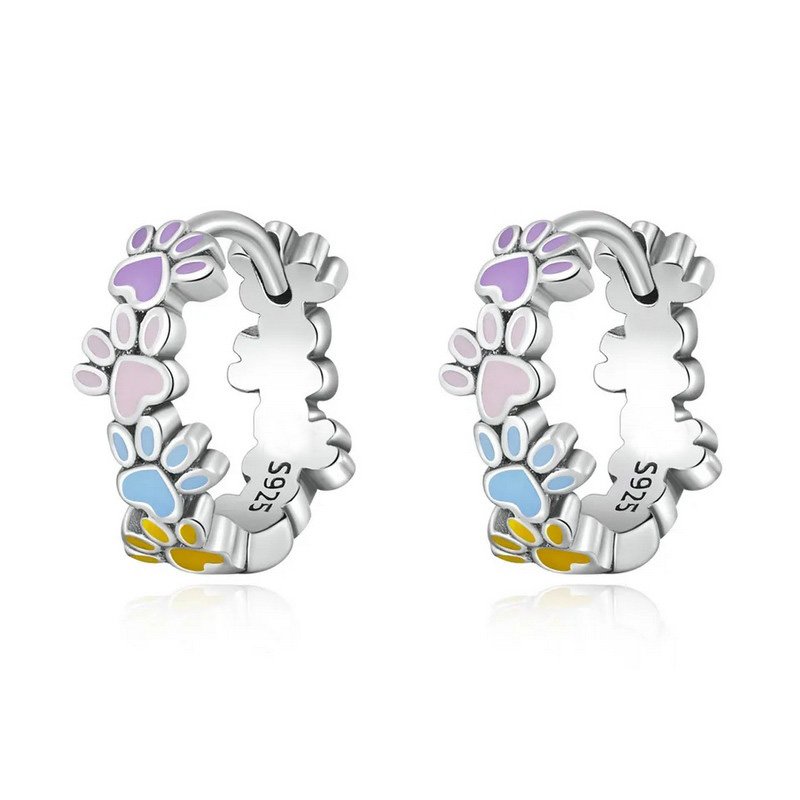 Colorful Enamel Footprint Sterling Silver CZ Stones Hoop Earrings
