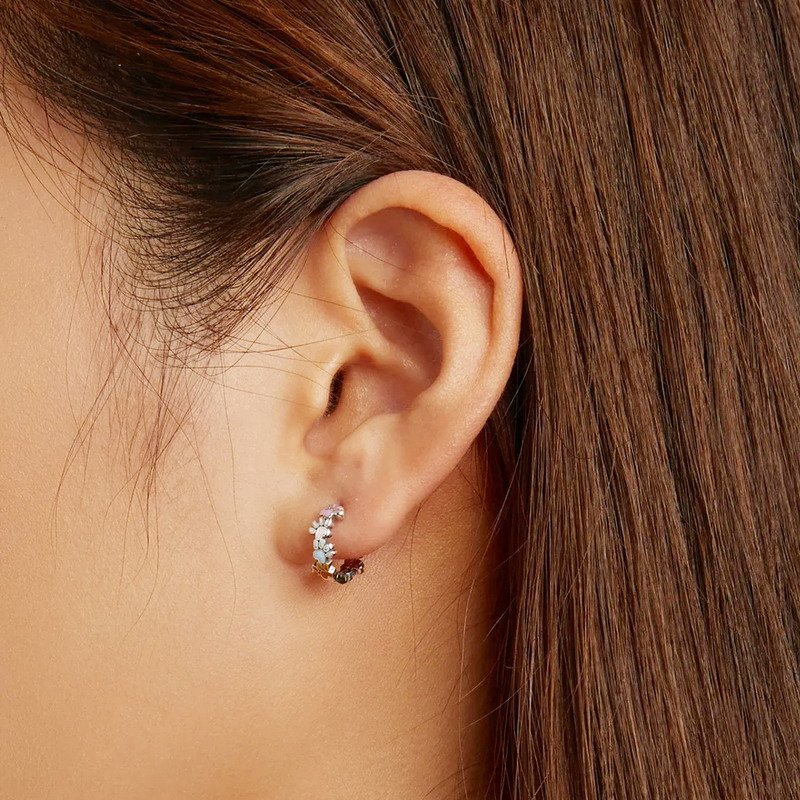 Colorful Enamel Footprint Sterling Silver CZ Stones Hoop Earrings - Image 3