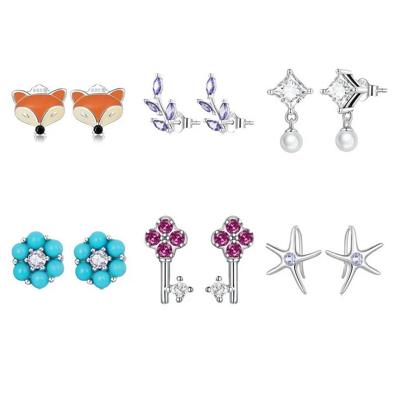 925 Silver Geometric Multi Color Animal Fox Letters Stud Earrings