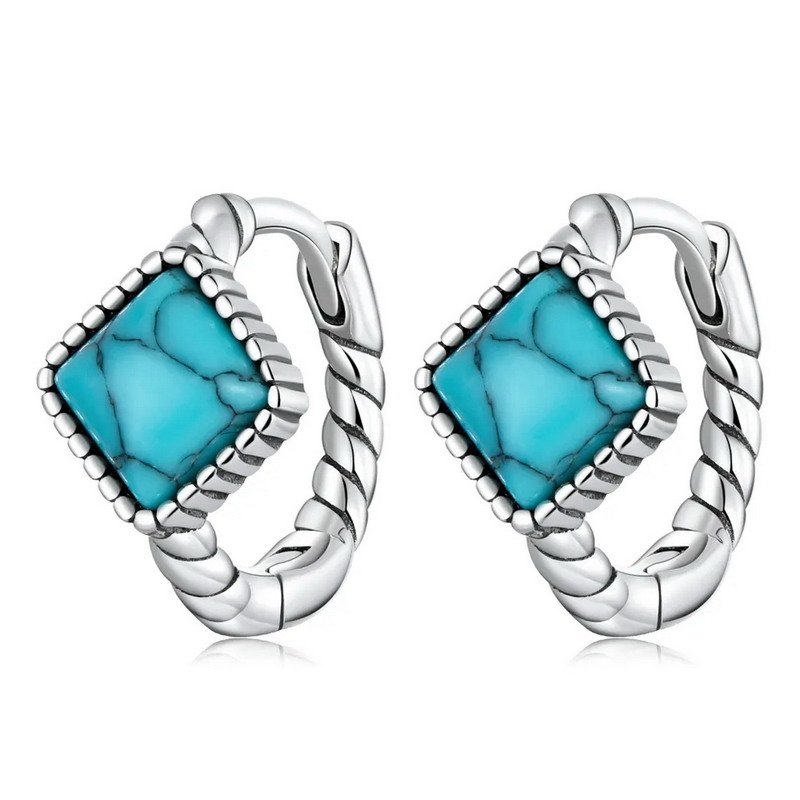 Custom Design Square Turquoise Stone Sterling Silver Hoop Earrings