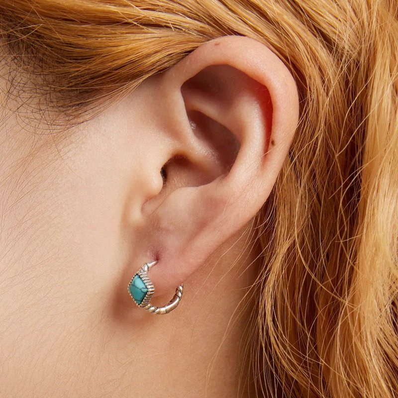 Custom Design Square Turquoise Stone Sterling Silver Hoop Earrings - Image 3