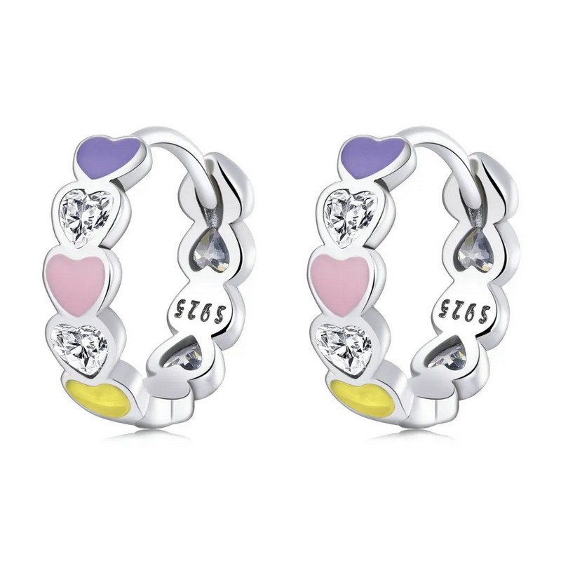 Lovely Heart 925 Silver CZ Stones Hoop Earring Rhodium Plated Colorful Enamel