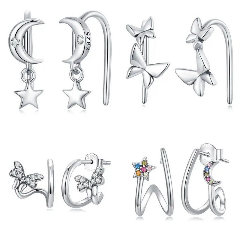 Star Moon And Butterfly Sterling Silver Fish Hook Rhodium Plated Earrings
