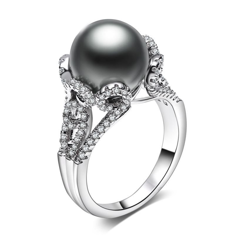925 Sterling Silver Rhodium Plated Zircon Stones And Big Pearl Ring