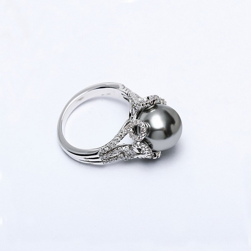 925 Sterling Silver Rhodium Plated Zircon Stones And Big Pearl Ring - Image 3