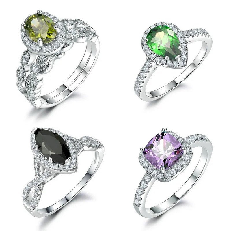 Colored Gemstones Sterling Silver Rhodium Plated Female Ring With Nice CZ Stones-VENUSACC Colored Gemstones Sterling Silver Rhodium Plated Female Ring With Nice CZ Stones-VENUSACC