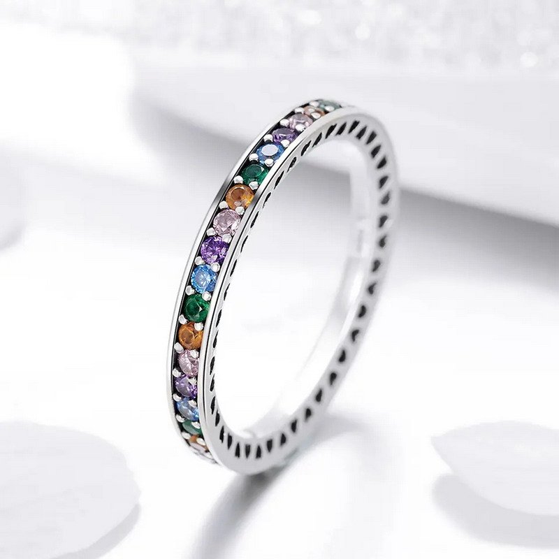 925 Silver Rhodium Plated Rainbow Multi-Colored CZ Ring