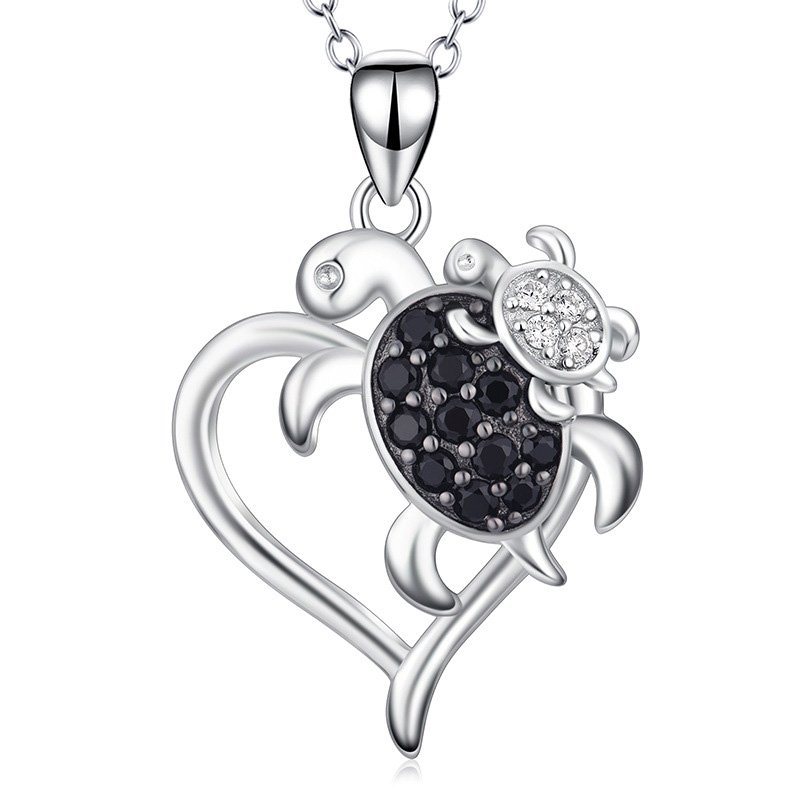 925 Silver Necklace Tortoise Mother and Baby Zircon Heart Necklace