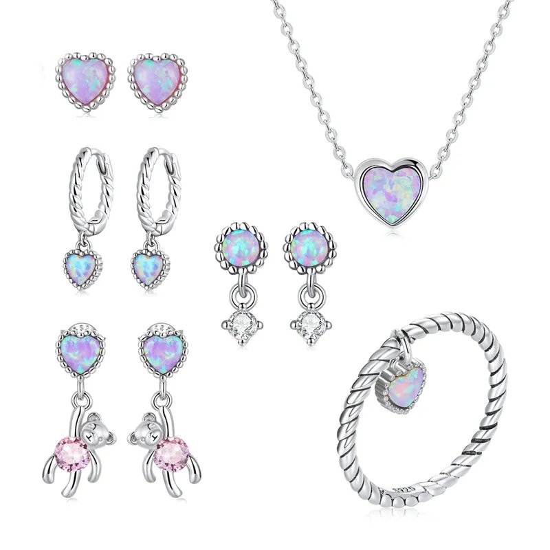 925 Silver Necklace Heart Opal Stones Cubic Zirconia