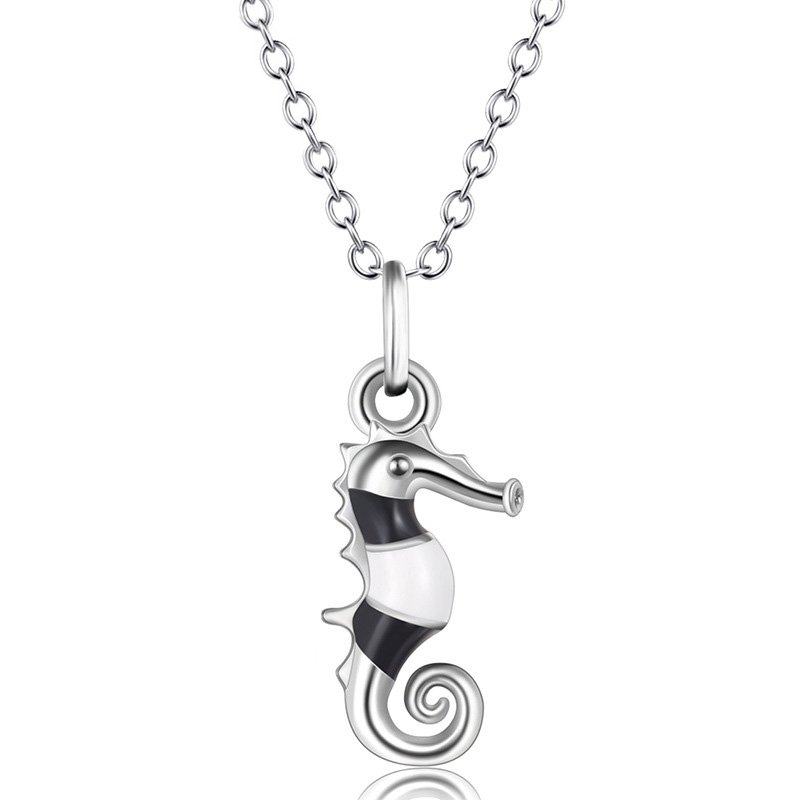 925 Silver White and Black Enamel Seahorse Necklace
