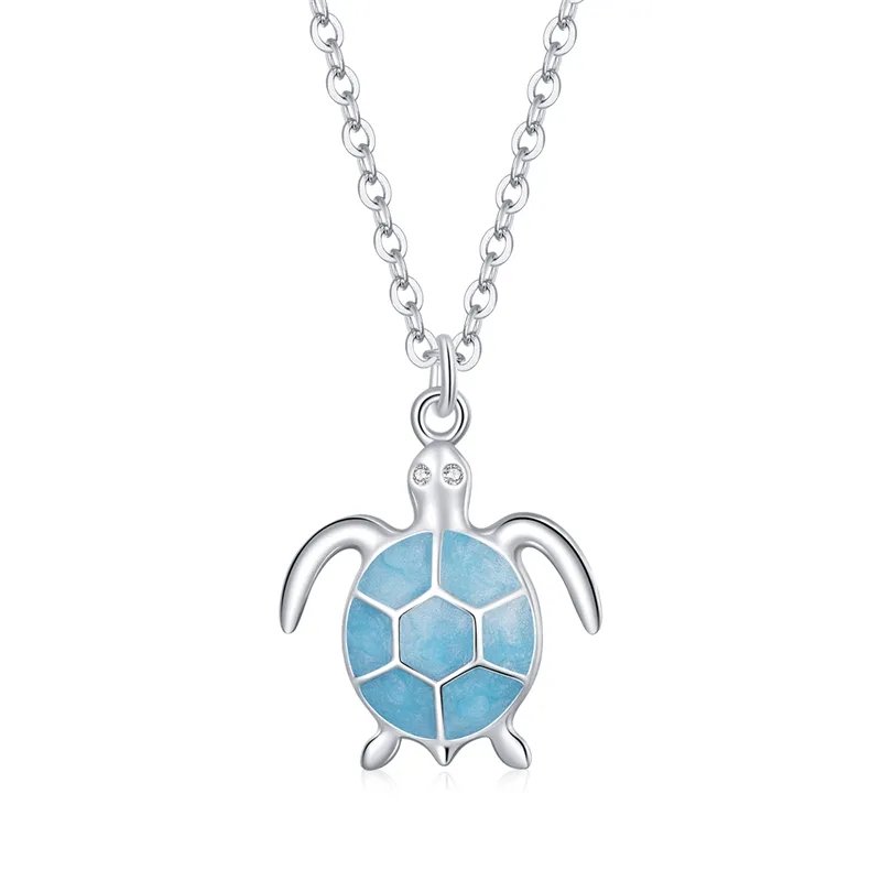 925 Silver Turtle Sea Blue Enamel Necklace Sterling