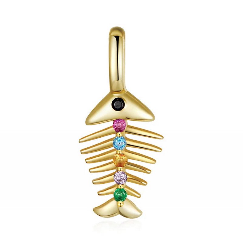 925 Silver Pendant Fish Bone Gold Plated Rhodium CZ Necklace