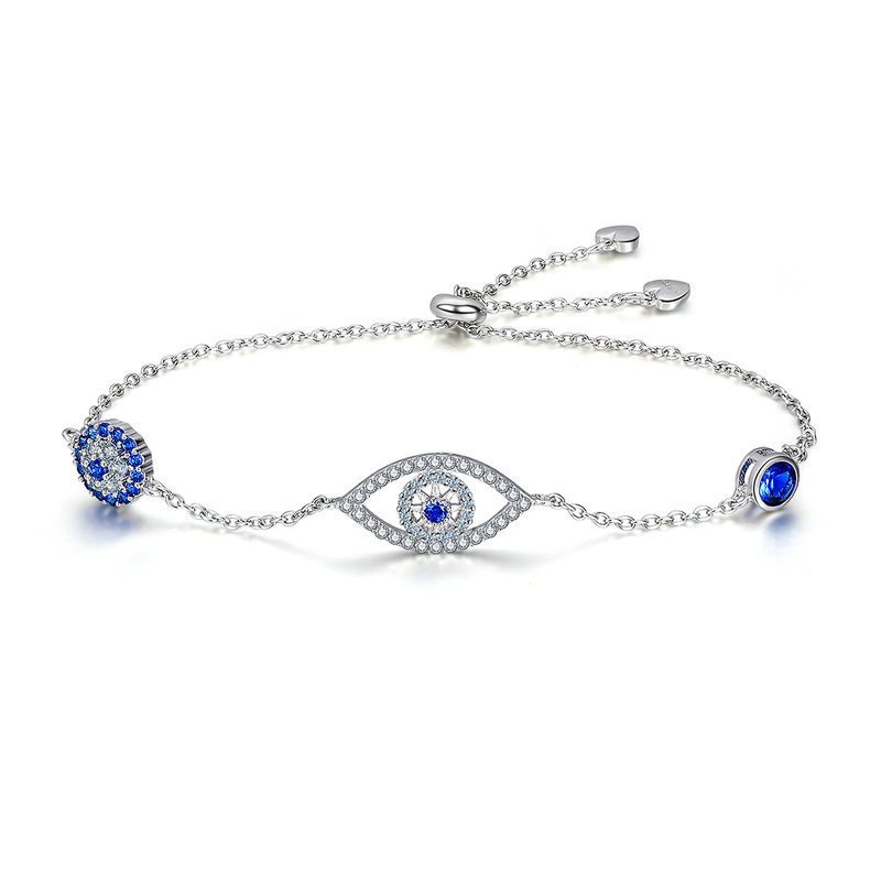 925 Sterling Silver CZ Evil Eye Bracelet Adjustable Chain