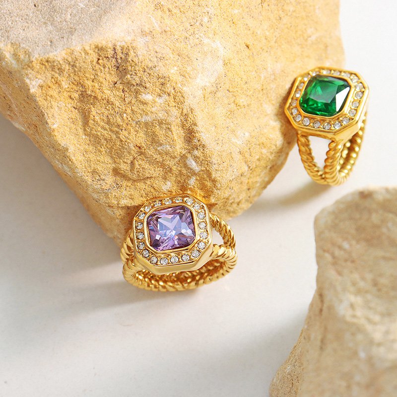 Gold Stainless Steel Trendy Glass Zircon Inland Ring - Image 2