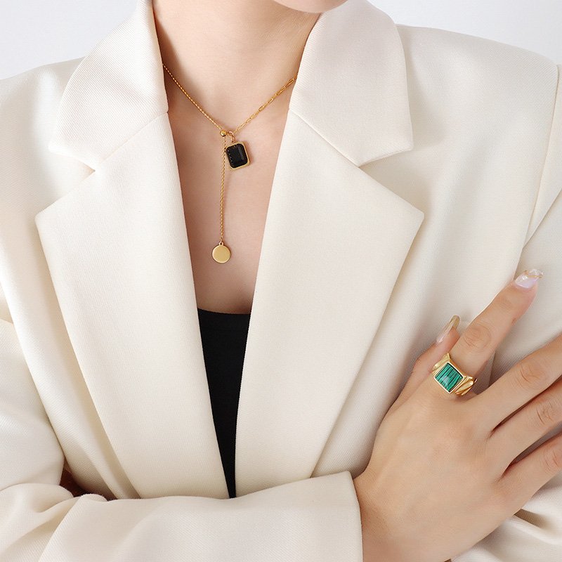 Black Stone Square Stainless Steel Pendant-VENUSACC Black Stone Square Stainless Steel Pendant-VENUSACC