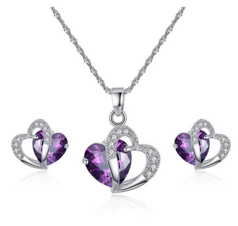Purple Heart Zirconia Rhodium-Plated Brass Jewelry Set