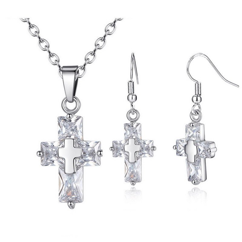Crossed Zirconia Rhodium-Plated Brass Jewelry Set