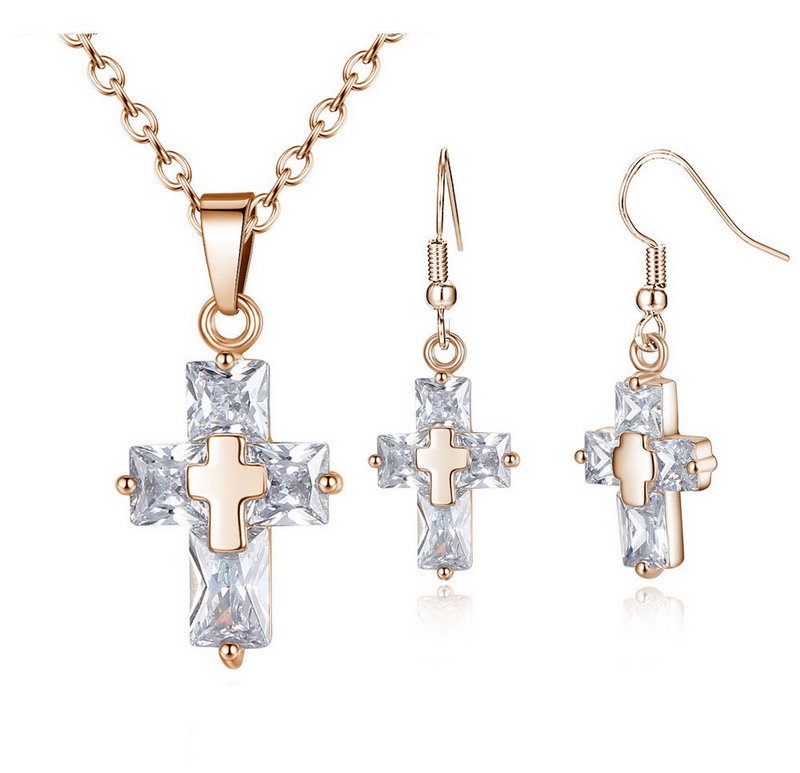 Crossed Zirconia Rhodium-Plated Brass Jewelry Set - Image 2