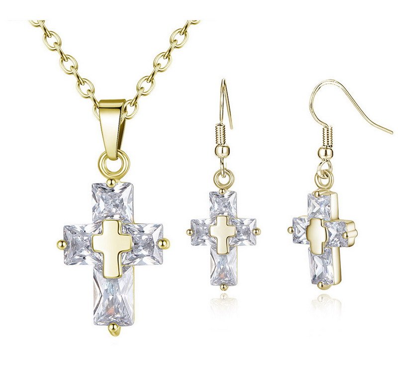 Crossed Zirconia Rhodium-Plated Brass Jewelry Set - Image 3