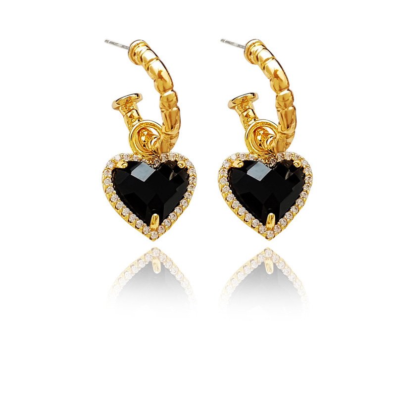 Venusacc Black Heart Imitation Gold Plated Earrings