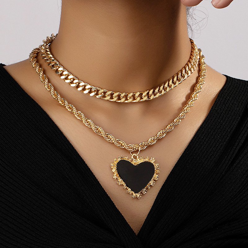 Black Heart Layered Pendant Necklace-VENUSACC Black Heart Layered Pendant Necklace-VENUSACC