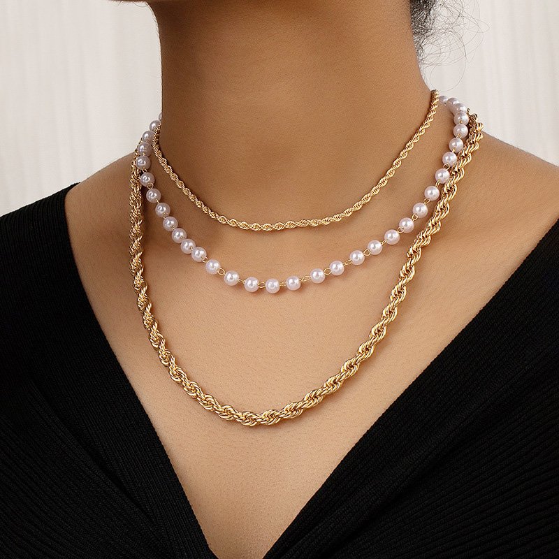 Retro Simple Small Pearl Three Layer Metal Twist Necklace-VENUSACC Retro Simple Small Pearl Three Layer Metal Twist Necklace-VENUSACC