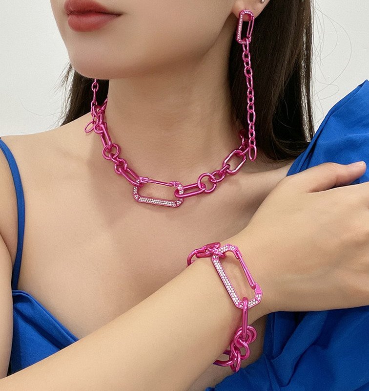 Fashion Pink Paperclip Jewelry Set-VENUSACC Fashion Pink Paperclip Jewelry Set-VENUSACC
