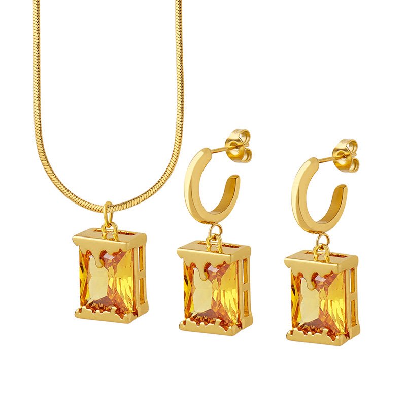 Women Crystal Yellow Gold Pendant Earrings Jewelry Set