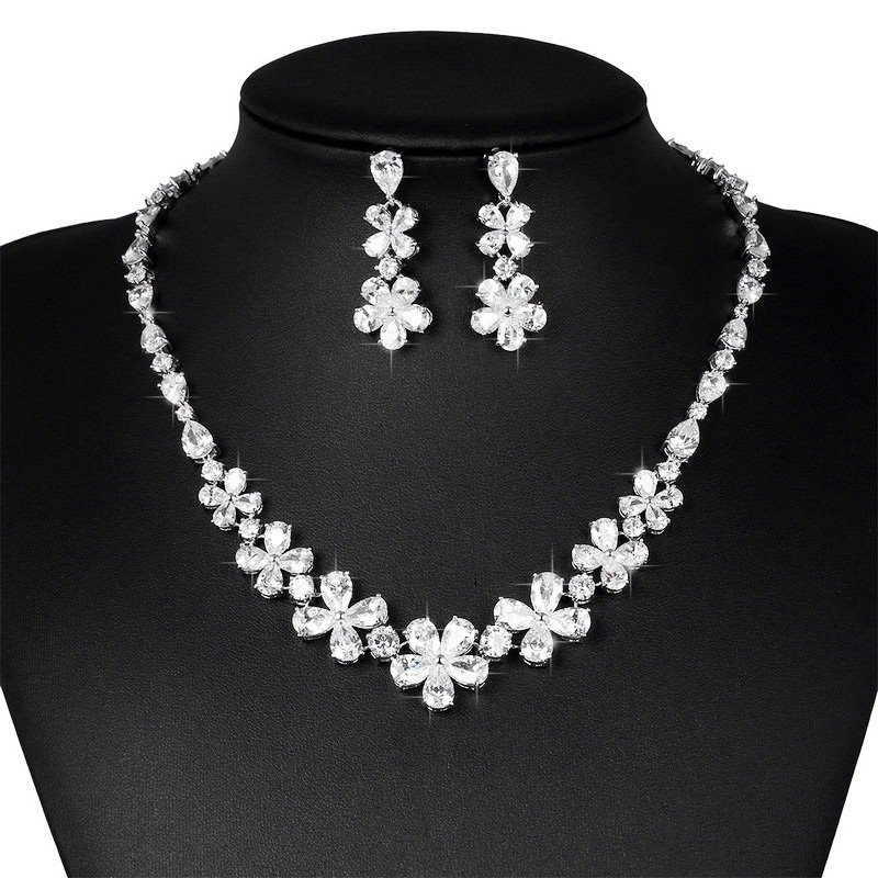 Simple Floral Zirconia Brass Jewelry Set